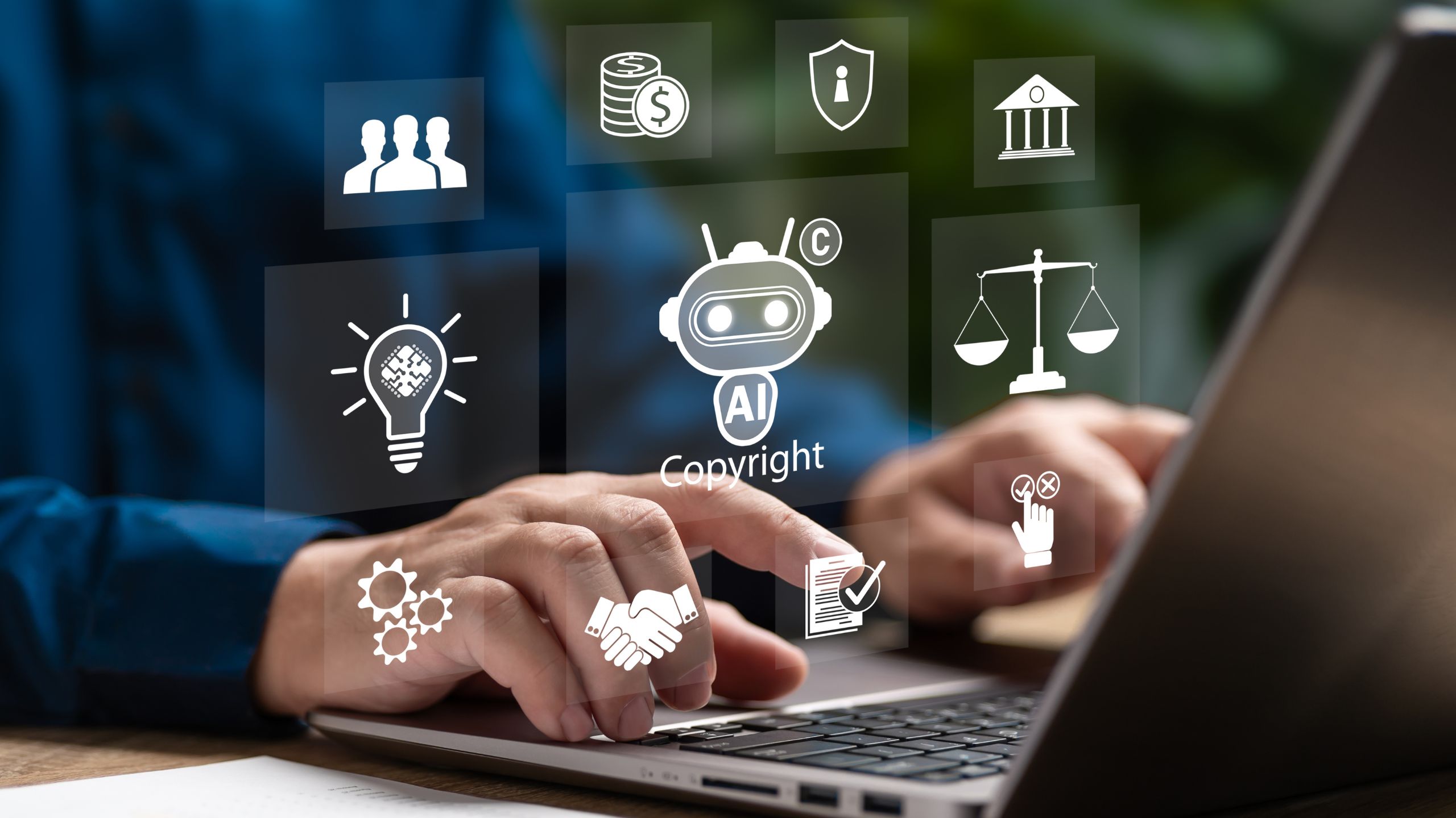 A close up of hands typing on a keyboard as icons related to law and AI appear, with one in the center that says the word 'Copyright' underneath.