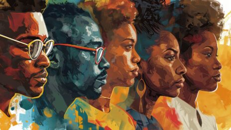 A painted rendering of Black Americans standing in profile, using orange, blue, and yellow in the background.