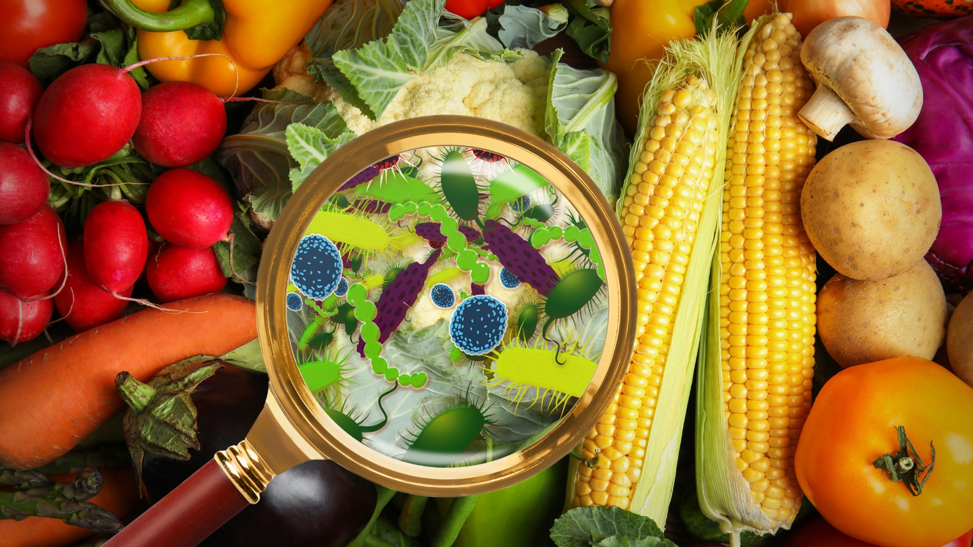 Microscope hovering over produce reveals microbes and germs,