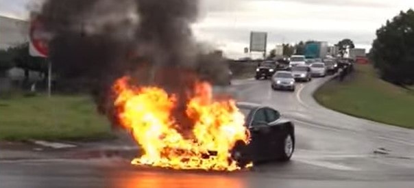 First Tesla Model S engulfed in flames on road