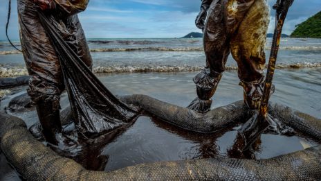 Cleanup crew on beach for orange county oil spill